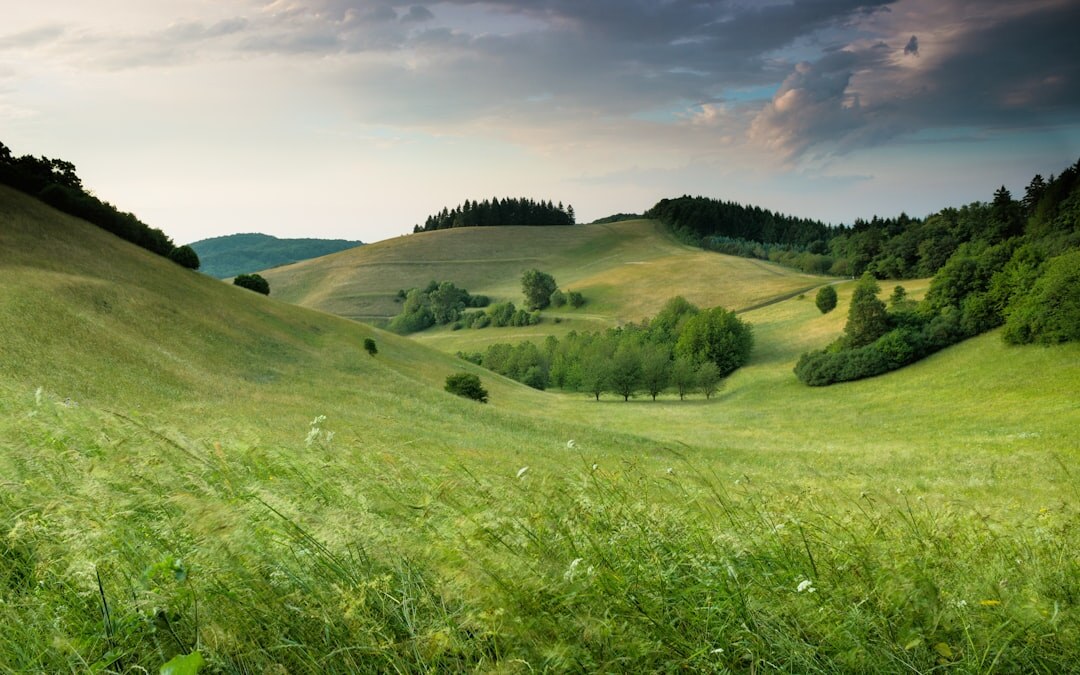 Rolling green hills under a dramatic sky